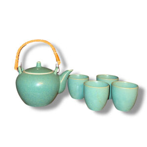 Teavana Aqua Teal Tea Set Teapot 4 Cups Fine Stoneware Japan Discontinued Brand